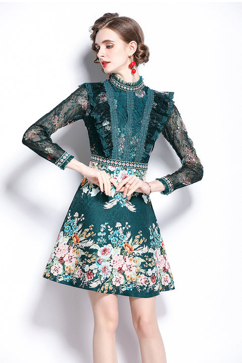 Gorgeous Runway Fashion Vibrant Floral Print, Mock Neck, Lace Trim, Long Sleeve A-Line Party, Cocktail, Wedding Guest Dress